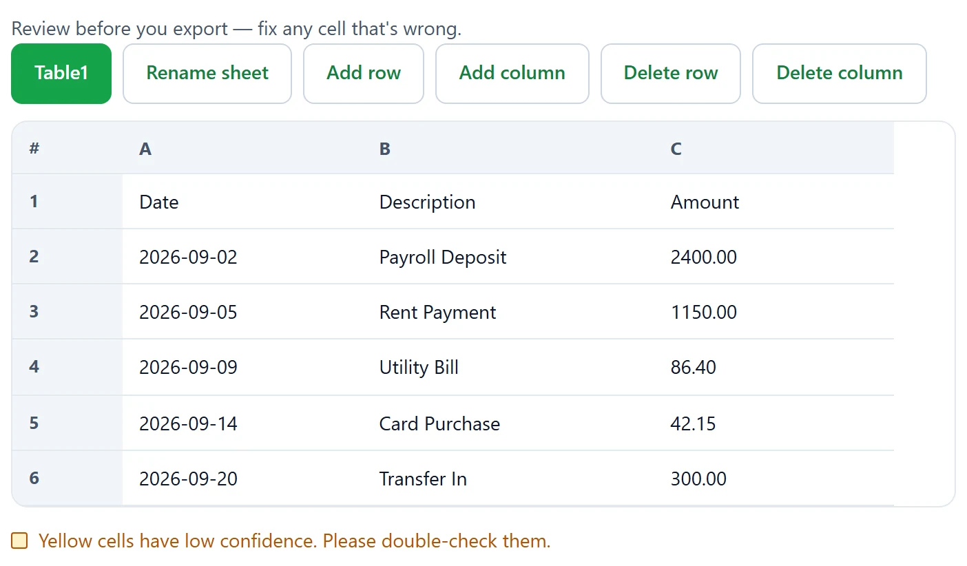 Review grid after bank statement to Excel with yellow low-confidence cells