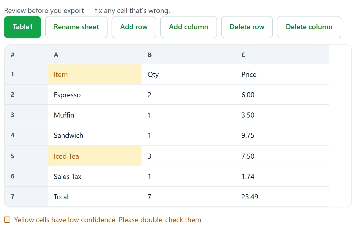 Review grid after receipt to Excel with yellow low-confidence cells